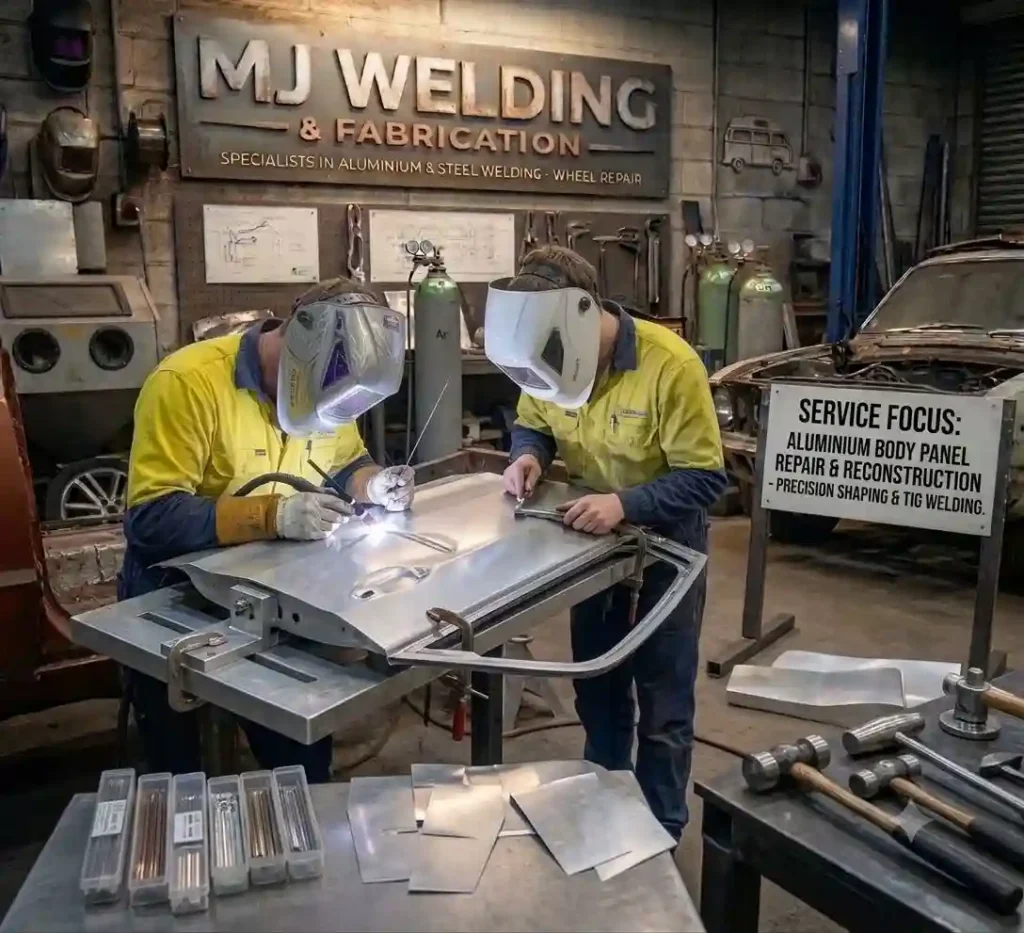 Two technicians working over an automotive panel clamped to a specialized stand, utilizing TIG welding next to a "Service Focus: Aluminum Body Panel Repair" sign.