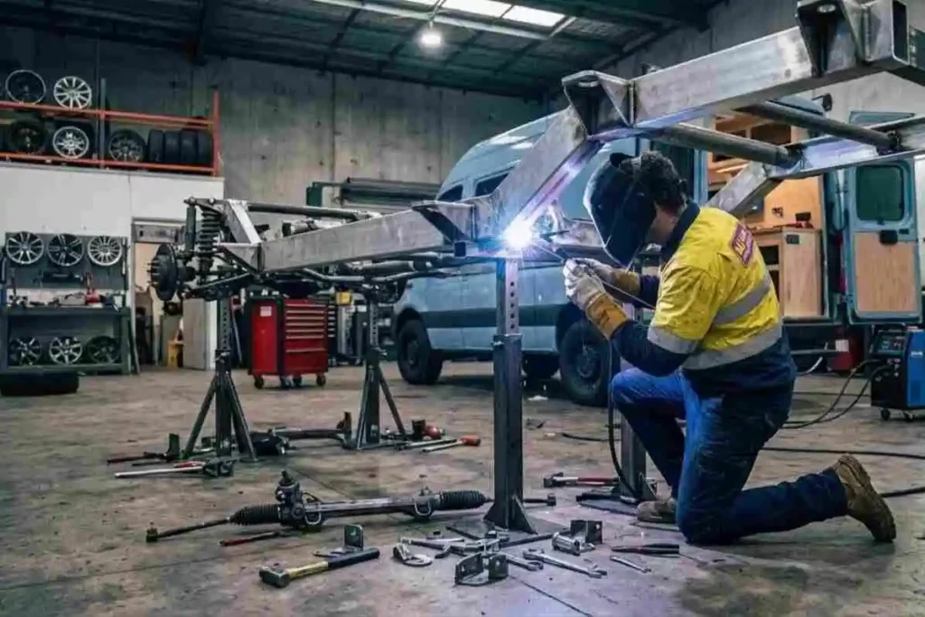 A welder kneeling on one knee on a concrete workshop floor, executing a precise weld on a massive metal vehicle chassis frame supported by heavy-duty stands.
