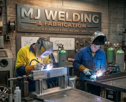 Two fabricators inside an industrial shop under an MJ Welding & Fabrication sign; one is TIG welding a structural rectangular tube, while the other performs MIG welding with sparks flying.