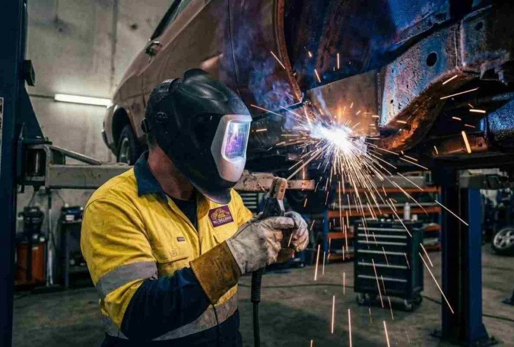 A welder under a car hoist performing heavy ARC welding on an old rusted structural undercarriage section with brilliant sparks showering down.