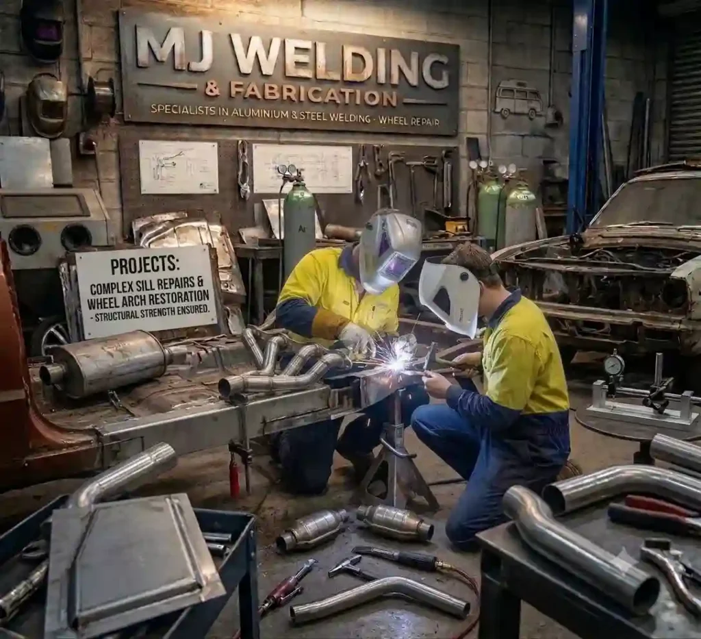 Two welders on the garage floor working near a "PROJECT: SILLS, FLOORPANS & WHEEL ARCHES" sign, performing restorative structural welding on a rusted vehicle underbody.
