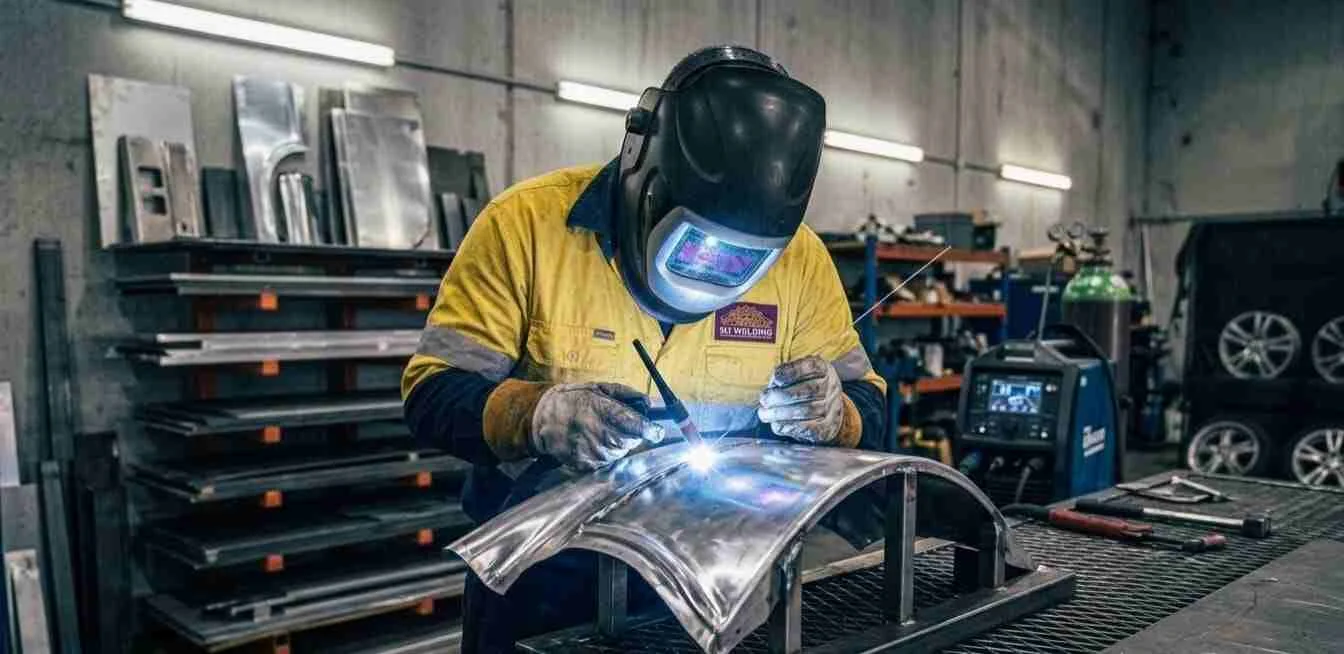 A technician leaning over a workbench, actively arc welding a reflective sheet metal component, creating a brilliant burst of localized electric light.